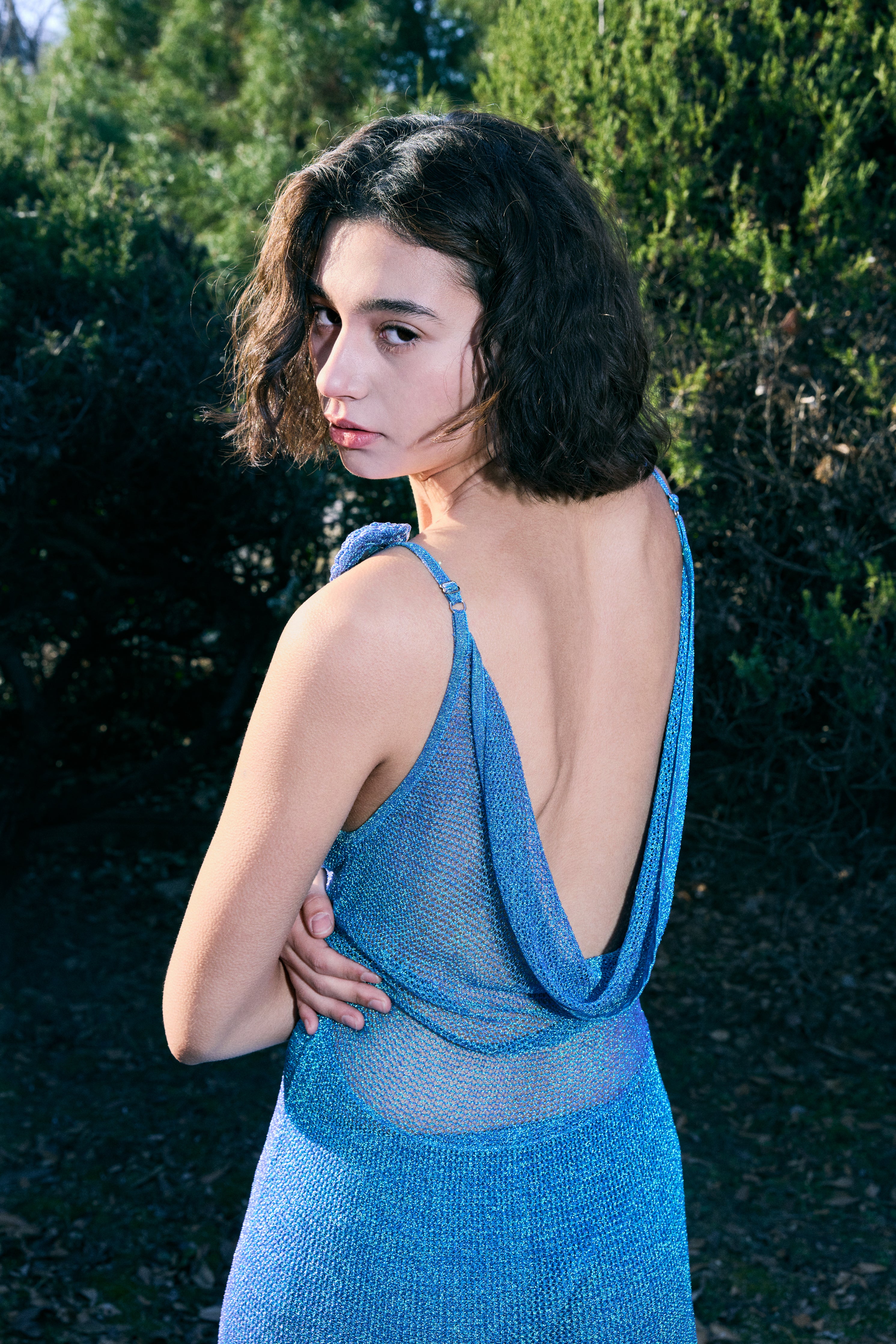 The Galaxy Cowl Back Dress in Twilight