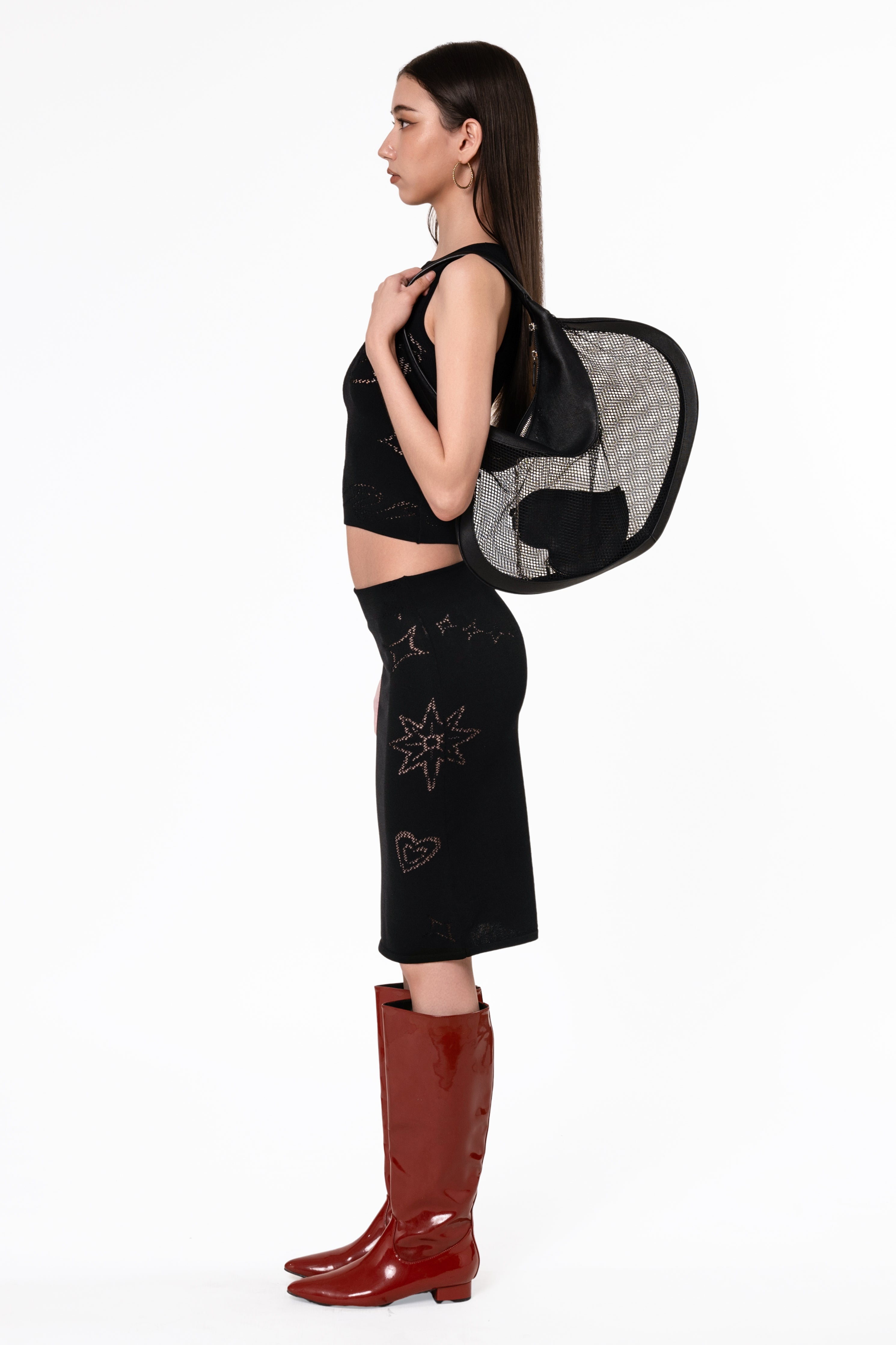 'Heart Mesh' Medium Shoulder Bag - Black