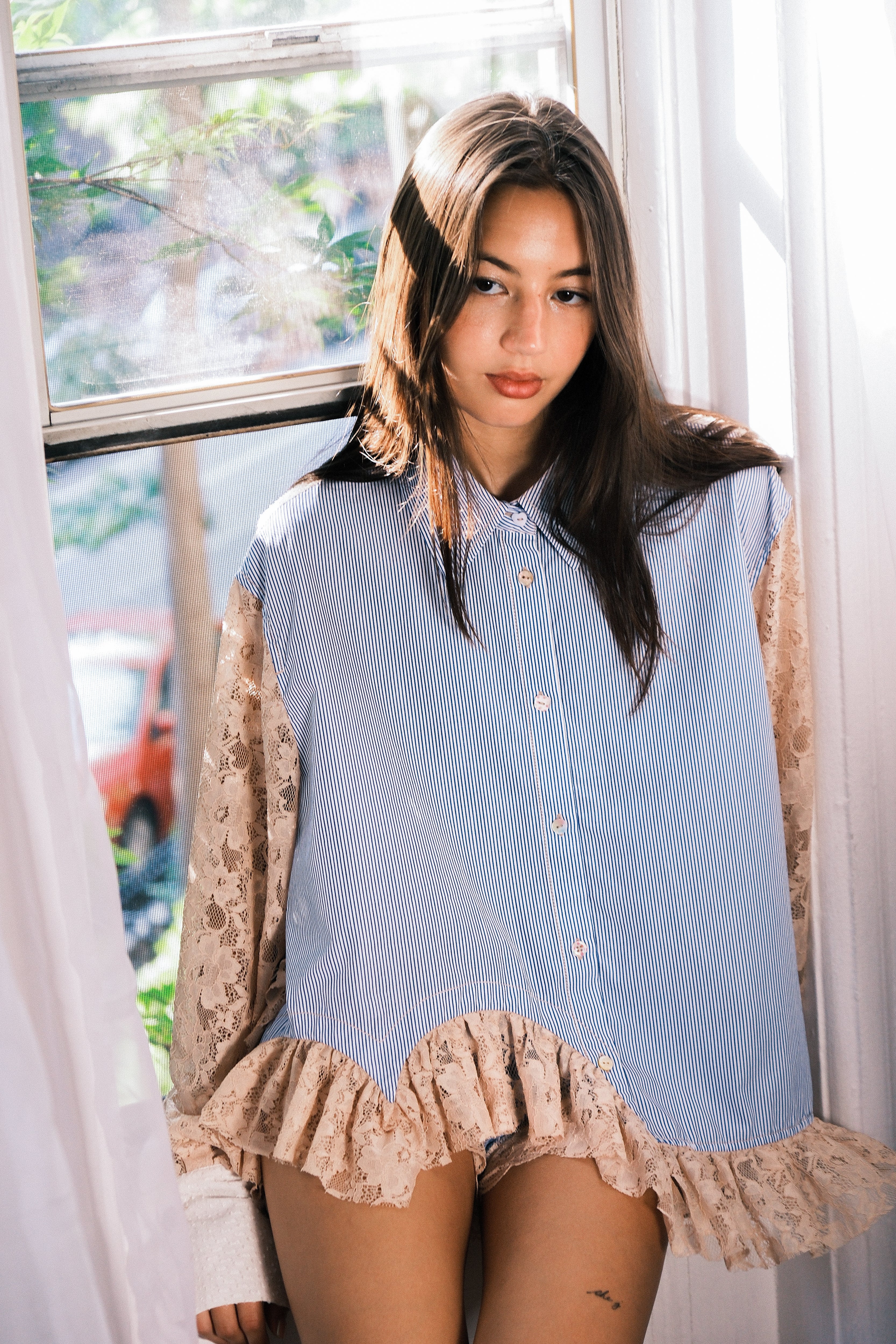 "I HEART U 2" Button Up- Peach Lace